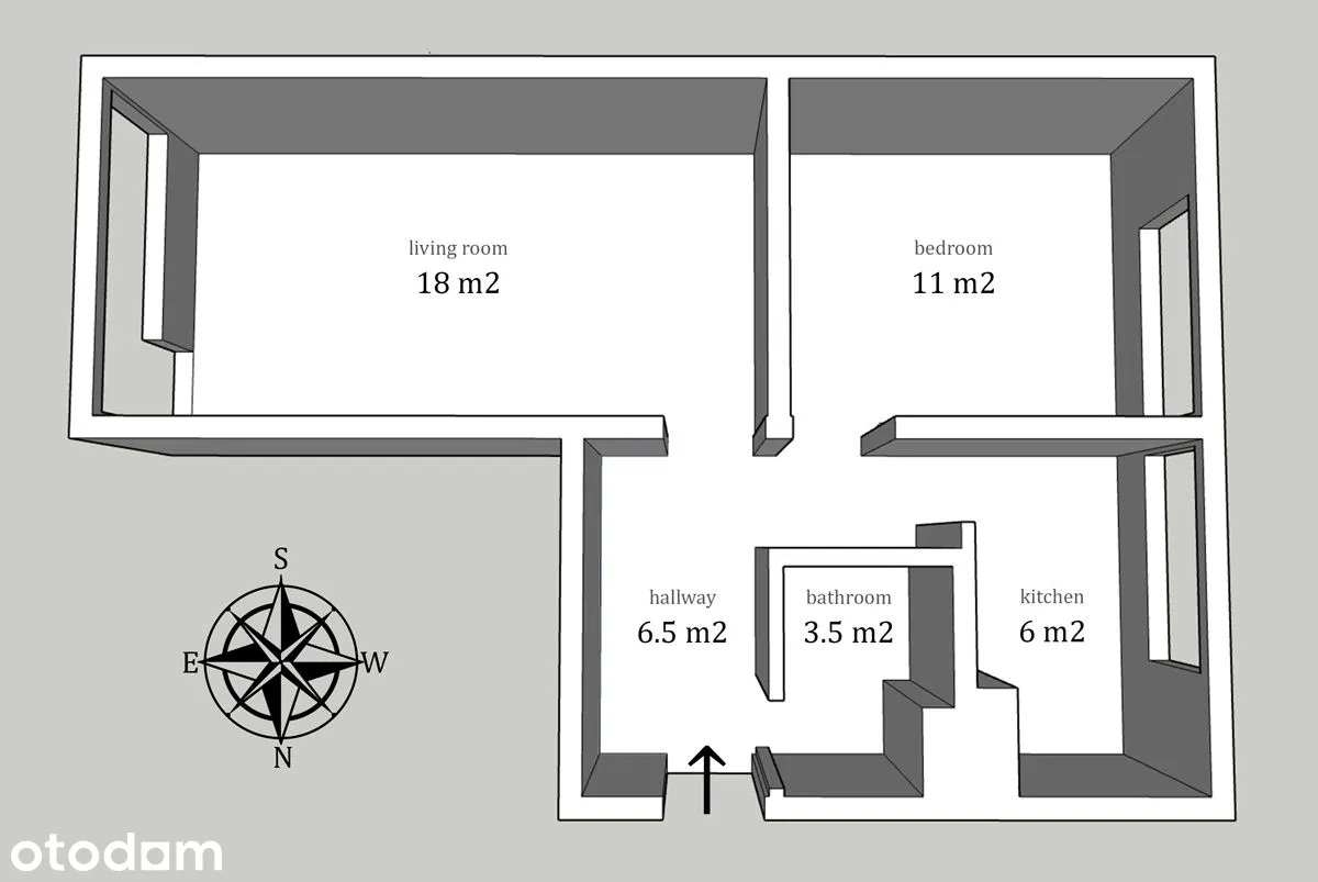 Rzut mieszkania 45 m² z podziałem na pomieszczenia
